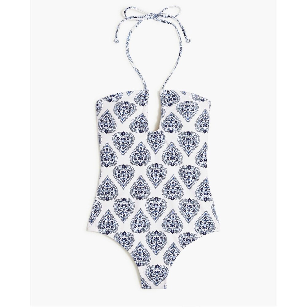 J.Crew Women's Printed Cutout One-Piece Swimsuit White Regal Blue Size Small
